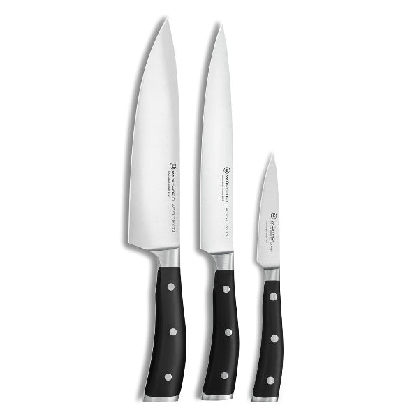 the Wüsthof Classic Ikon 3‑Piece Knife Set Black provides essential knives for every kitchen task.