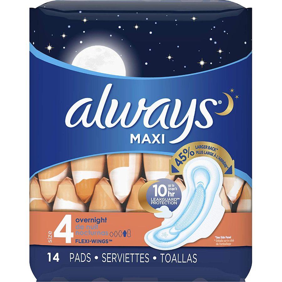 Always Fem Maxi Pads Overnight with Wings, 14 ct