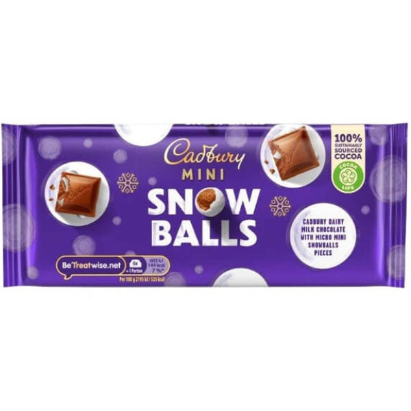 Creamy Cadbury milk chocolate bar studded with crunchy mini Snowballs for a fun festive treat.