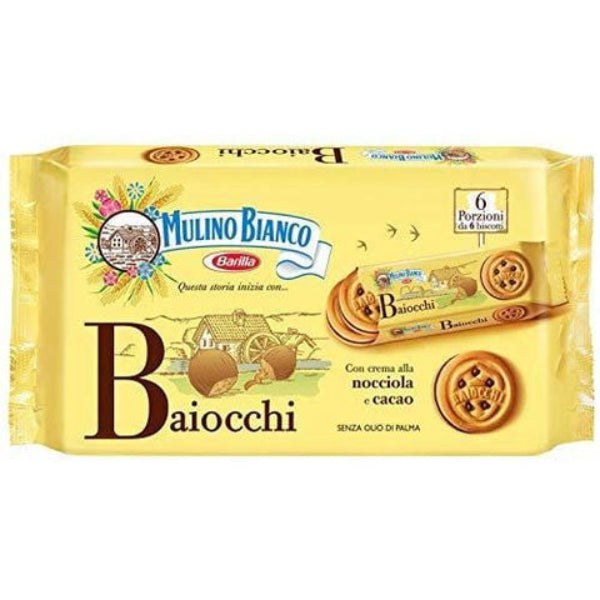 Delightful Italian treats featuring two aromatic shortbread biscuits filled with a rich hazelnut and cocoa cream