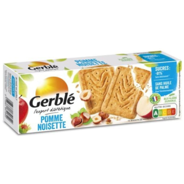 French-made cookies featuring whole wheat flour, roasted hazelnuts, and natural apple flavor