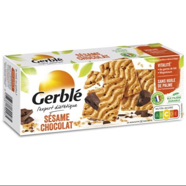 French-made, fiber-rich biscuits featuring whole wheat flour, crunchy toasted sesame seeds, and chocolate chips