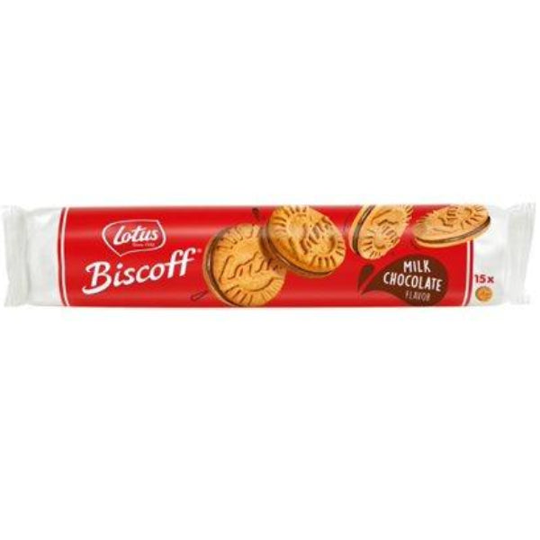 A delightful treat combining the iconic caramelized flavor of Biscoff biscuits with a smooth milk chocolate-flavored filling