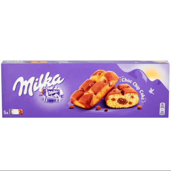 Moist cake studded with chocolate chips and coated in Milka chocolate.