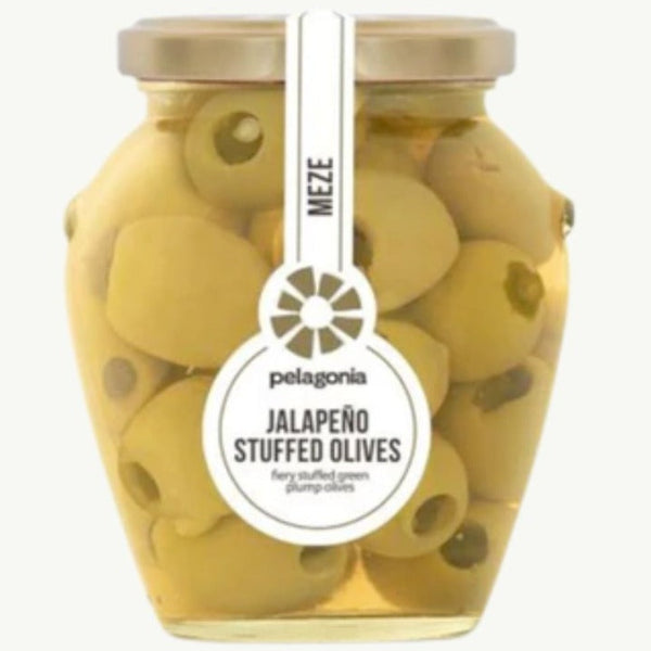 Juicy green olives filled with spicy jalapeños for a bold and flavorful bite.