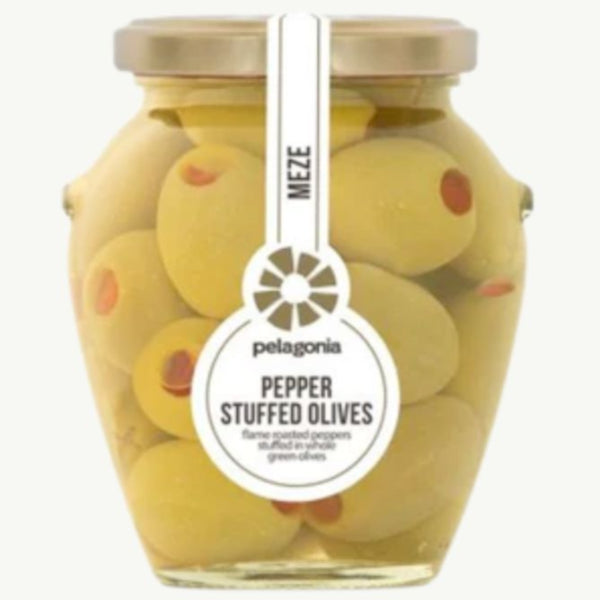Crisp green olives filled with sweet red pepper.