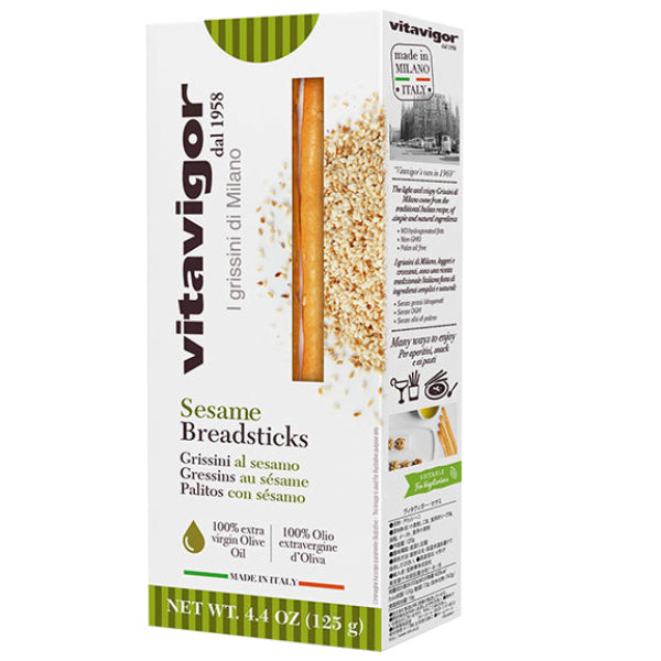 Italian-made, thin, and crispy breadsticks enriched with toasted sesame seeds.